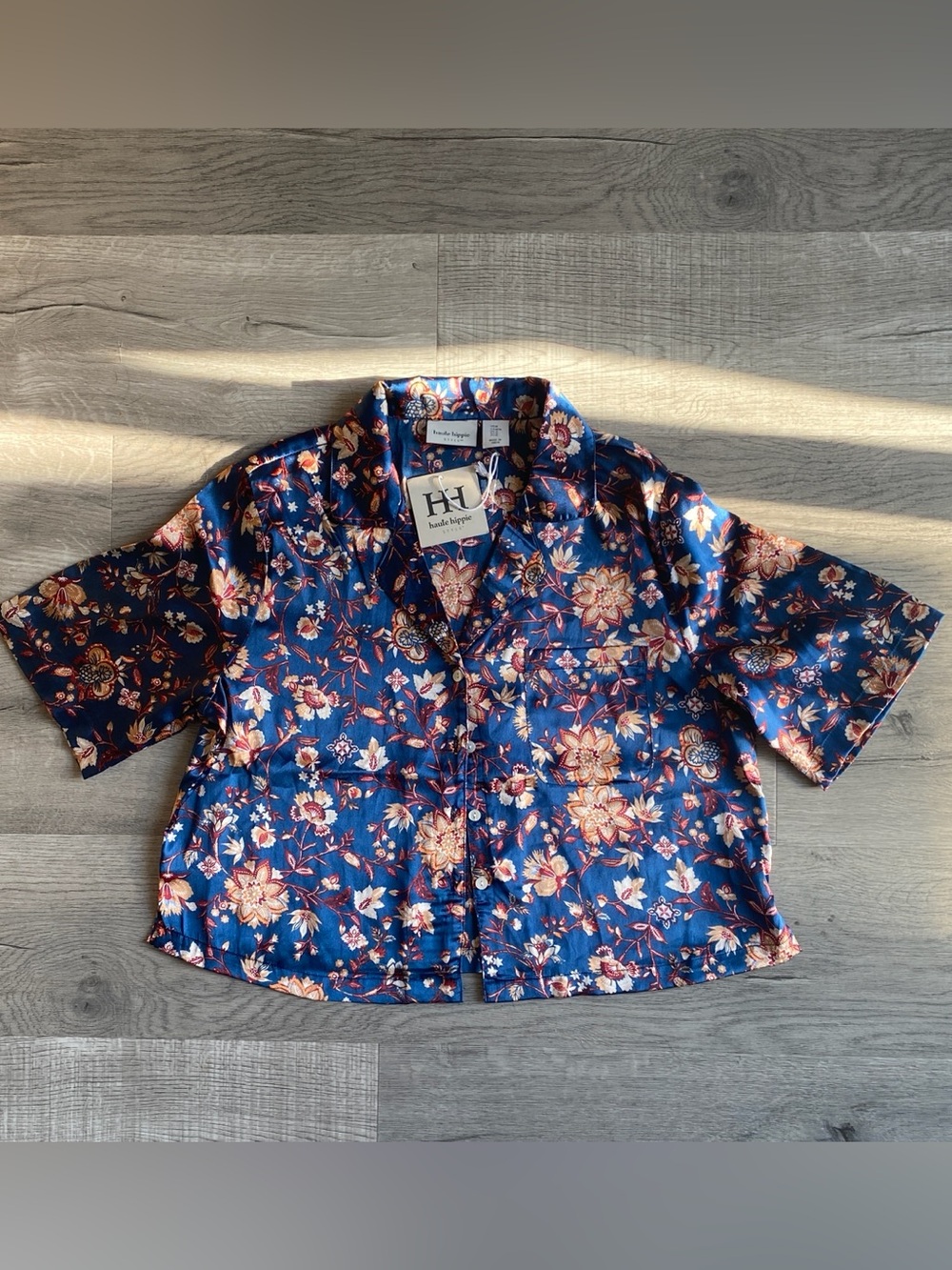 Blue & Orange Haute Hippie Floral Short Sleeve Button Down Kimono Blouse Medium